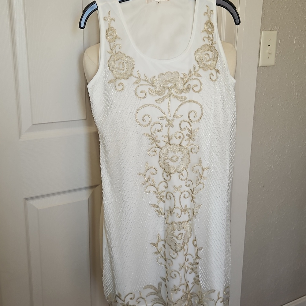 Beaded Wedding Dress White Gold Boho Bridal Knee Length Size L Simply Couture